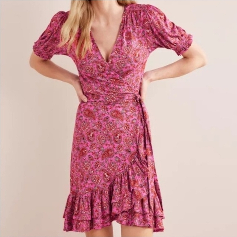 BODEN Ruffle Wrap Jersey Mini Dress Carmine Rose Paisley Terrace Size 8R